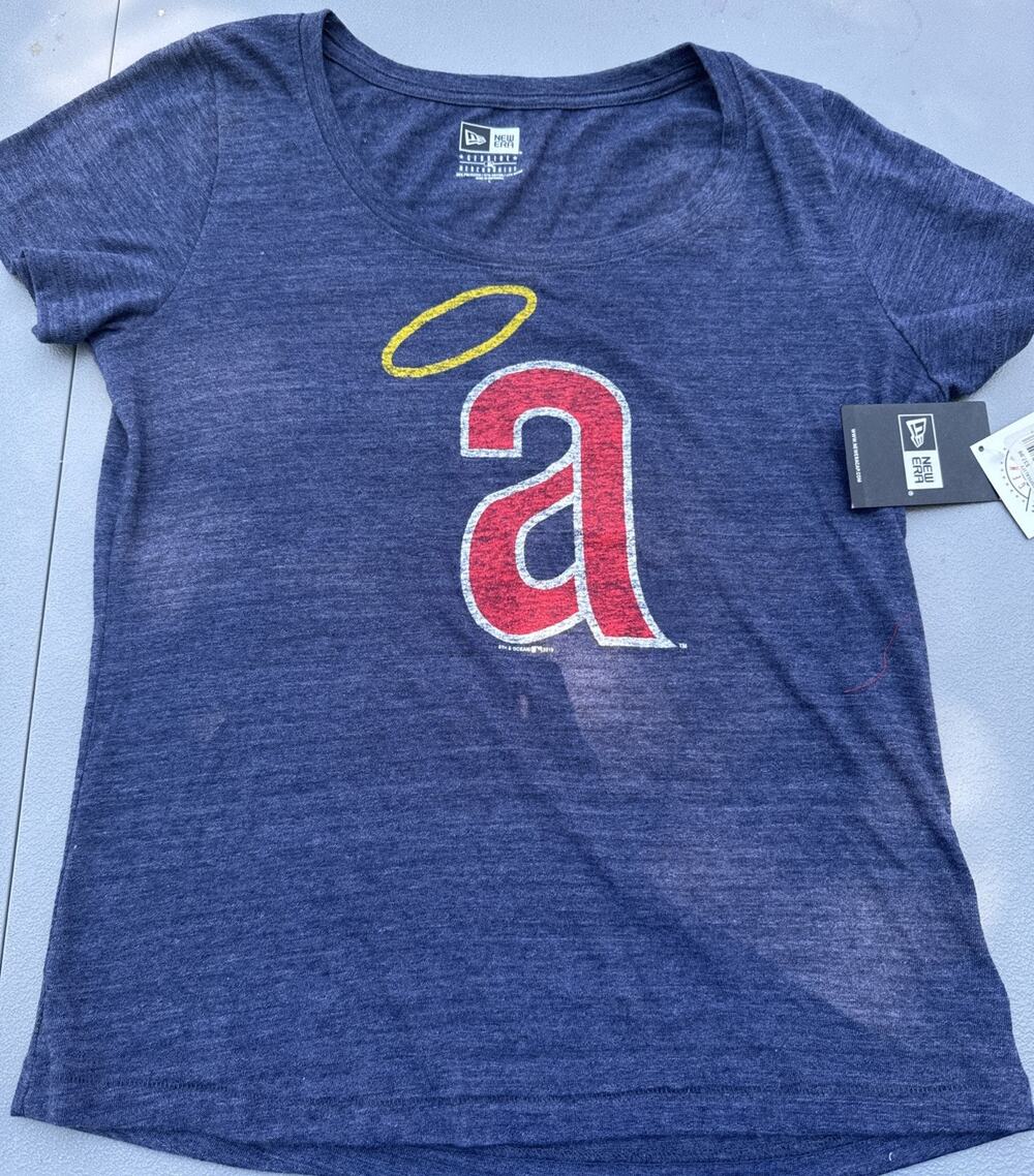 New Era CALIFORNIA ANGELS HALOS Gray Scoop Neck Poly Cotton Logo T-shirt SZ L